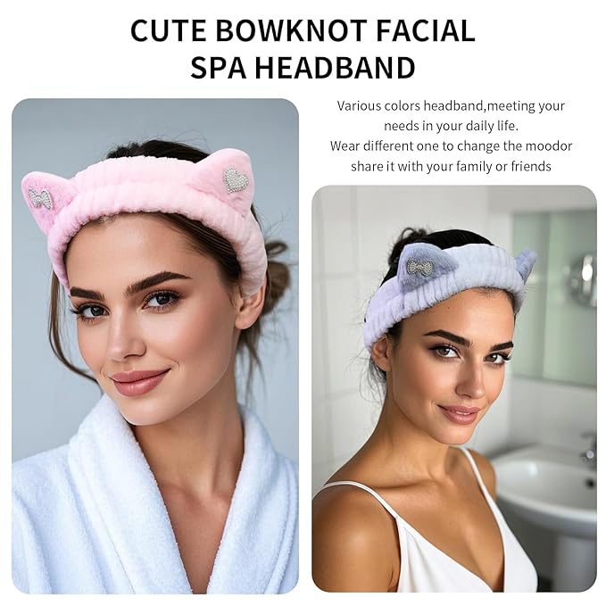 Kawaii Spa Headbands for Women Girls - 2 Pack Cute Cat Ear Soft Fleece Facial Headbands for Makeup, Skincare, Bath, Shower, Beauty and Face Washing, Blue+Pink Heart