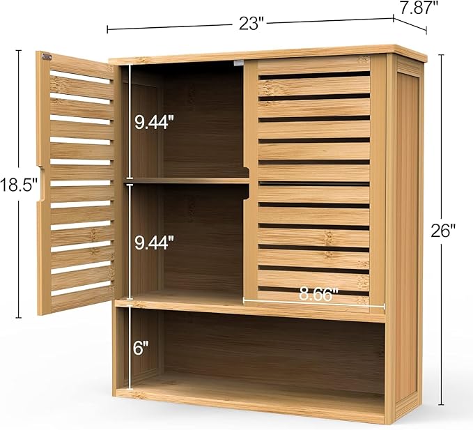 Bathroom Wall Cabinet, Bamboo Storage Cabinet Wall Mounted, Wall Hanging Cabinet with 2 Doors & 3 Tier Shelves