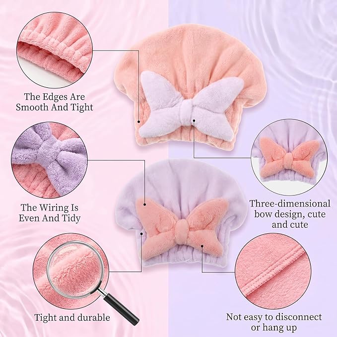 2Pcs Skin-Friendly Hair Drying Cap Quick-Drying Hair Towel Cap Microfiber Hair-Towel Bonnet (Pink+Purple)