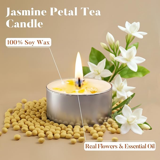 48 Pack Jasmine Scented Tealight Candles with Real Petals, Natural Soy Wax 6H Burn Time, Non-Toxic Smokeless Scented for Bath, Wedding, Decor
