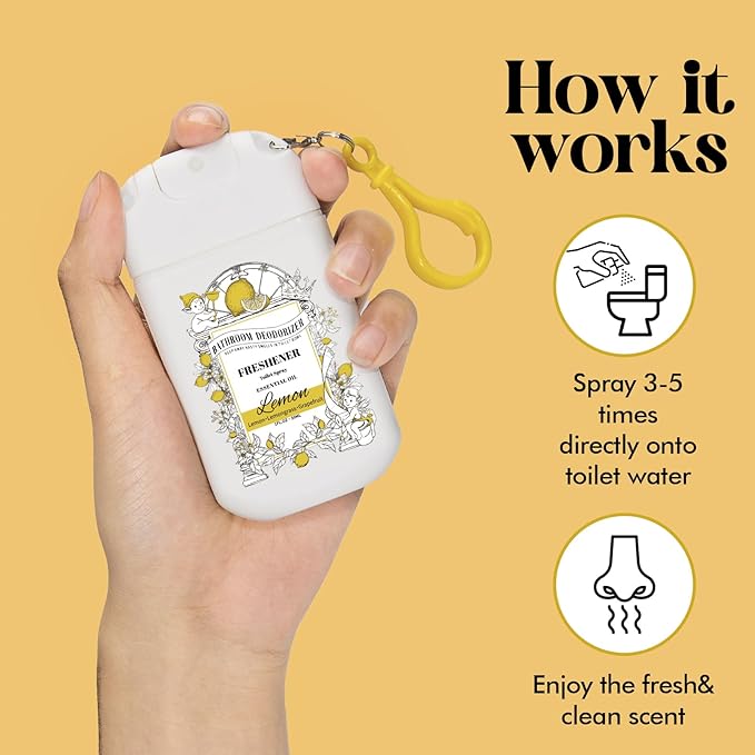 Pocket Size Toilet Spray for Poop, 2 Pack Lemon Scent, Bathroom Odor Eliminator with Removable Hook,Travel Essentials Variety