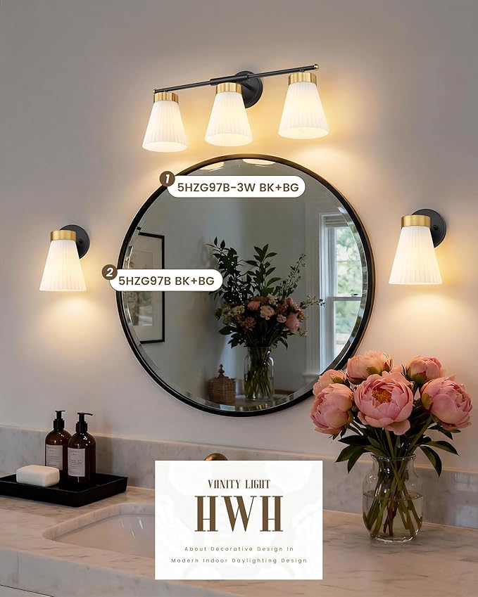 Set of 2 Wall Sconces for Bathroom, HWH 1-Light Bathroom Vanity Light with Frosted Milk White Striped Glass, Indoor Wall Mount Lighting Fixtures, Black and Gold Finish, 5HZG97B-2PK BK+BG