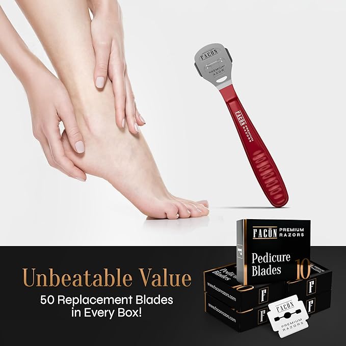 Facón Professional Callus Shaver Remover with 50 Blades, Pedicure Razor for Feet & Hands, Foot Razor for Callus Removal, Callus Blade Remover, Corn Shaver, Surgical Grade Premium Stainless Steel Tool