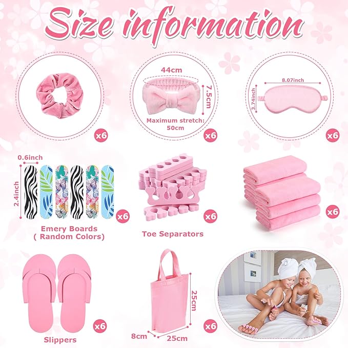 Thiccywoov 54Pcs Kids Foot Spa Party Supplies for Girl Spa Party Favors 6 Washbasin 6 Tote Bags 6 Hand Towels 6 Toe Separators 6 Hair Scrunchies 6 Hairband 6 Slipper 6 Eye Mask 6 Nail File (Pink)