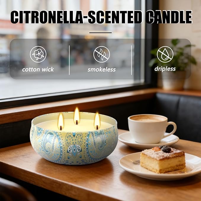 Set of 4 Triple Wick Citronella Candles Perfect for Yards, Gardens, Balconies and Camping, Indoor & Outdoor Scented Candles Bulk…