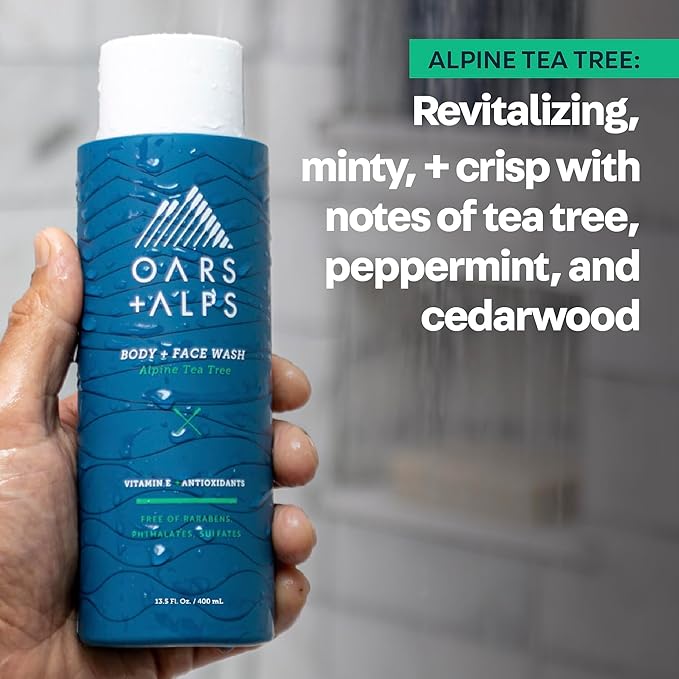 Oars + Alps Body Wash for Men, Mens Body Wash & Face Cleanser with Vitamin E & Antioxidants, Moisturizing, Paraben & Sulfate Free Cleanser, Alpine Tea Tree, 2pk