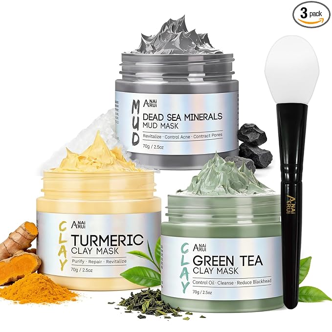 ANAI RUI 3 Pcs Face Mask Set - Turmeric Clay Mask - Green Tea Face Mask - Dead Sea Mud Mask for Oily Skin, Blackheads & Pores -Spa Gift Set Self Care for Women Teens 2.5 oz Each