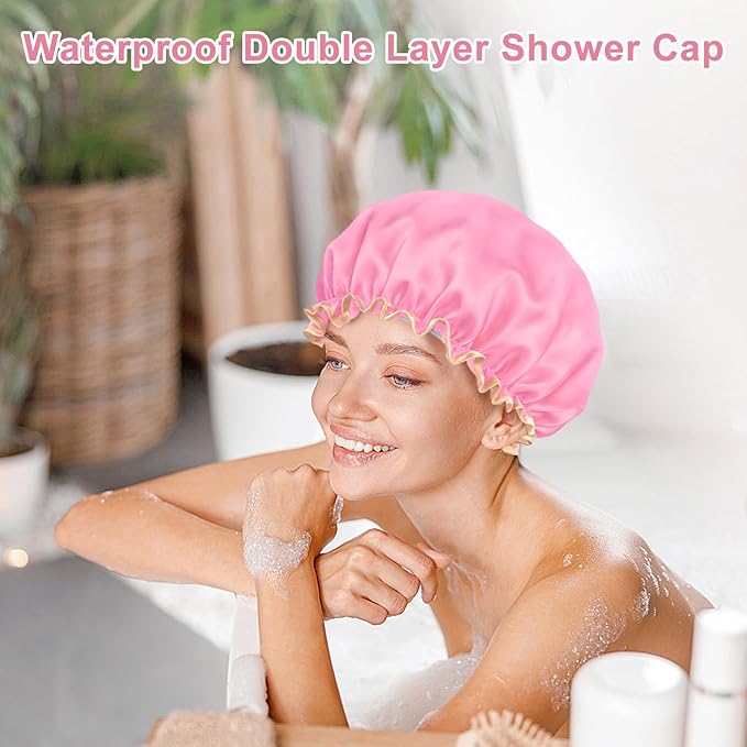 Waterproof Shower Caps for Women, Solid Color Dual-Layer Elastic Band Design Bath Hair Hat, Protects Hair In Shower, Spa, Cooking, Clean & Travel (Pink)