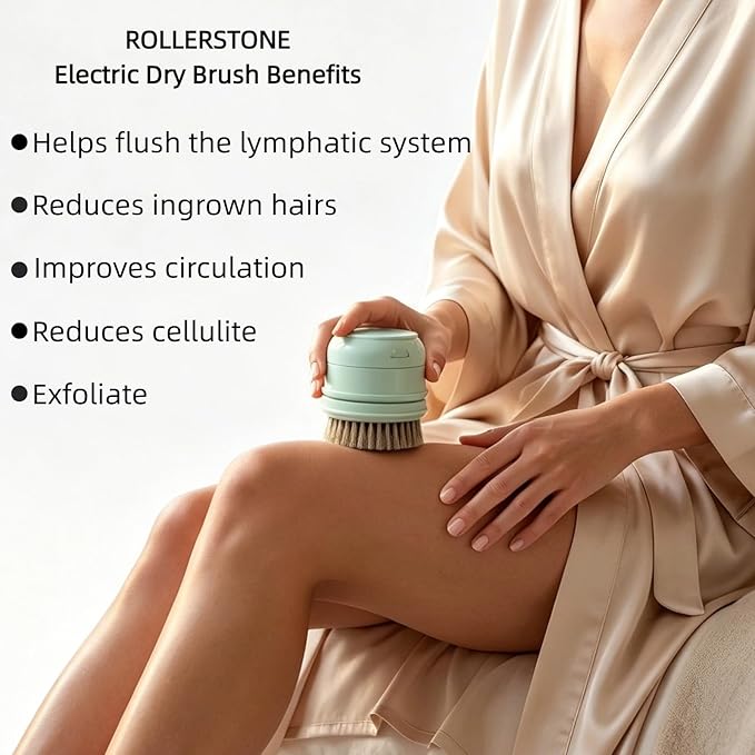 Electric Dry Brushing Body Brush for Lymphatic Drainage: Natural Bristle 5-in-1 Dry Brush with Handle for Cellulite, Exfoliating, Waterproof Back Shower Scrubber for Men/Women