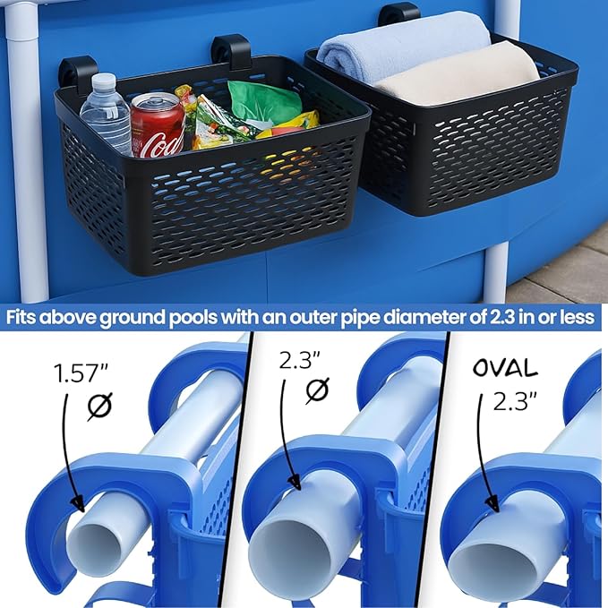 2 Packs XL Poolside Storage Basket – All in One Swimming Pool Organizer – Made in Europe – Ideal for Above Ground Pools & Patio Accessories (Black)