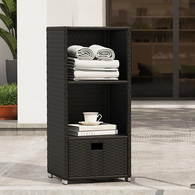 Rattan Outdoor Pool Towel Rack Cabinet, Wicker Pool Storage Bins Storage Organizer, 2 Layer Shelf Hot Tub Spa Accessories, 45in, Black
