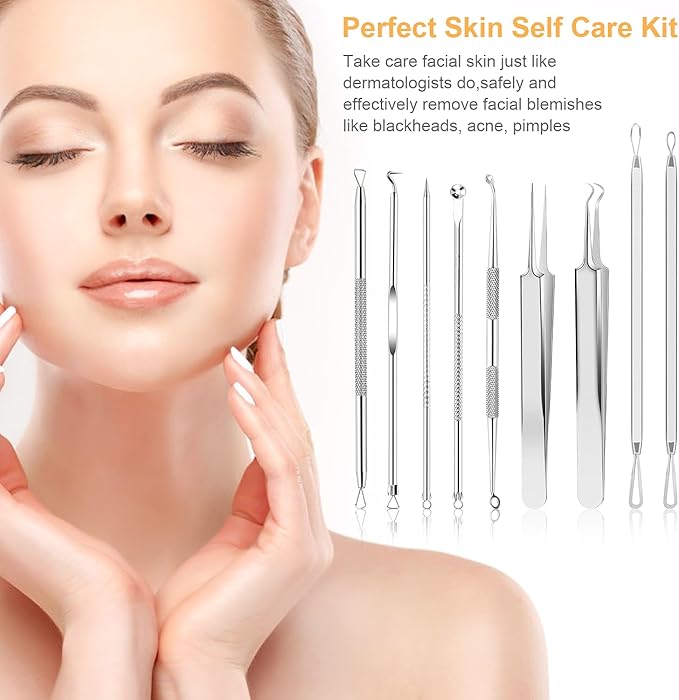 UUBAAR 9PCS Blackhead Remover Tools, Pimple Popper Tool Kit with 2 Tweezers, 304 Stainless Steel Comedone Extractor, 16 Precision Heads Face Nose Acne Zit Removal, Home Esthetician Use & Leather Case