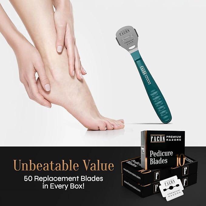 Facón Professional Callus Shaver Remover with 50 Blades, Pedicure Razor for Feet & Hands, Foot Razor for Callus Removal, Callus Blade Remover, Corn Shaver, Surgical Grade Premium Stainless Steel Tool