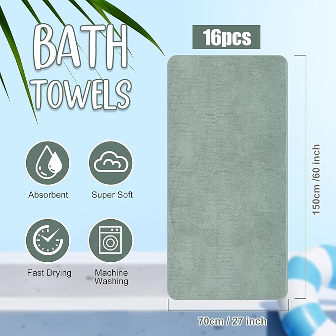 SmoothNovelty 16 Pack Microfiber Bath Towels Bulk 27'' x 60'' Oversized Size Bath Towel Highly Absorbent Extra Large Soft Drying for Beach Shower Summer Salon Sport Gym Party (Wheat,Green)