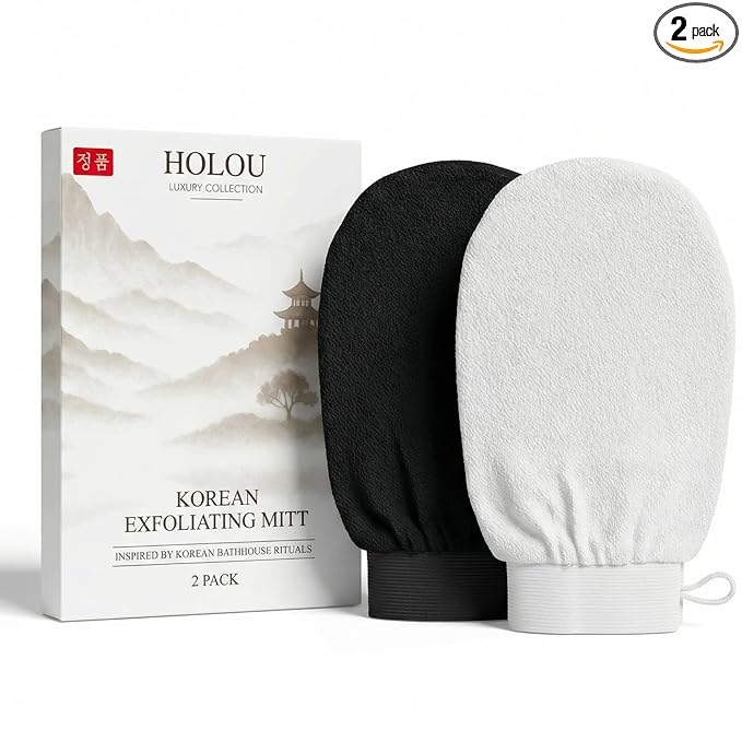 Korean Exfoliating Mitt & Exfoliating Glove 2 Pack – Dual Density Body Scrub Gloves & Dead Skin Remover for Body, Kessa Glove, Exfoliating Mitt for Body – Holou