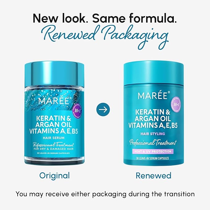 MAREE Hair Serum for Frizzy Dry Hair – Styling Capsules with Keratin, Argan Oil, Vitamins A E B5 – UV & Heat Protectant Frizz Control Serum for Women – Aceite Para el Cabello Treatment | for Frizzy, Styling Capsules, with Jojoba, for Women, Frizzy, Dam...
