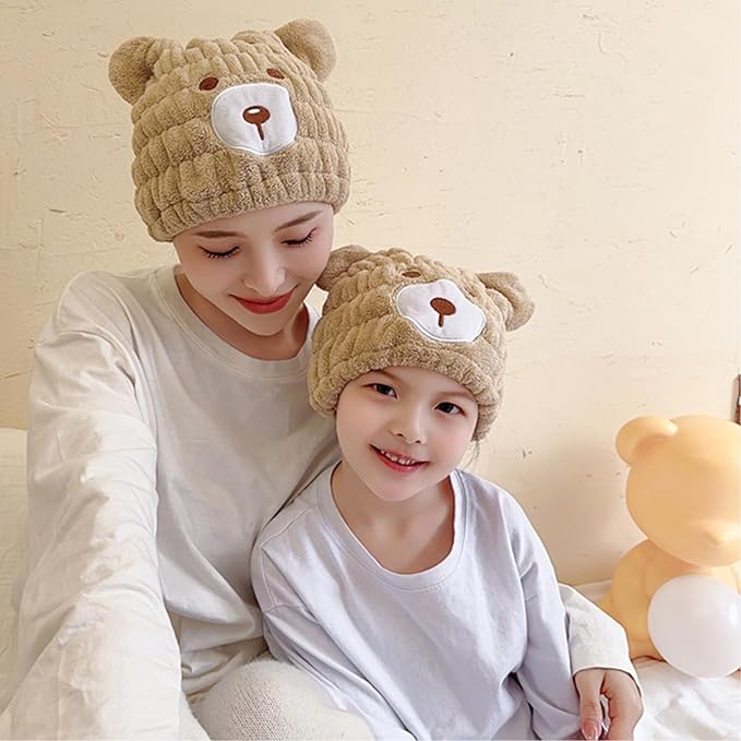 Microfiber Hair Towel Wrap for Kids, Brown Bear Dry Hair Cap Suck Water, Absorbent Quick Girls Boys Hair Drying Towel, Lightweight Bouncy Hat Headscarf for Wet Hair