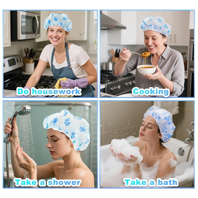 18 Pack Shower Caps for Women,Waterproof Reusable & Disposable Adjustable Bath Caps For Spa Long Hair Travel Saunas (Blue Flowers)