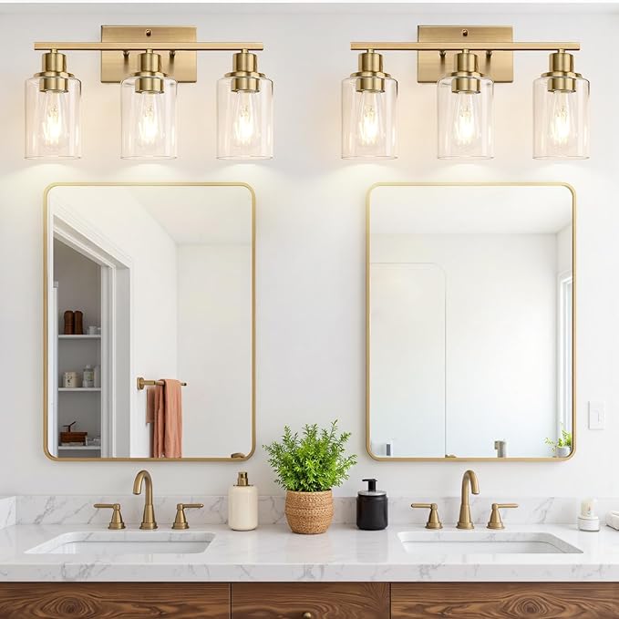 Indoi 3 Light Bathroom Light Fixtures, Brass Vanity Lights for Bathroom with Clear Glass Shades, Modern Bathroom Wall Sconces for Mirror Living Room Cabinet