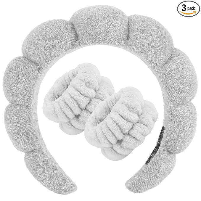 Zkptops Spa Headband for Washing Face Wristband Set Sponge Makeup Skincare Terry Cloth Bubble Soft Get Ready Hairband for Women Girl Puffy Padded Headwear Non Slip Thick Hair Accessory(Grey-2)