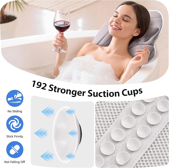 Full Body Bath Pillow for Bathtub, Thick 5D Air Mesh Luxury Spa Tub Cushion with Adjustable Lumbar Support, Extra Long Bathtub Pillow for Head and Neck Back, 192 Non-Slip Suction Cups, Gray, 56" x 19"