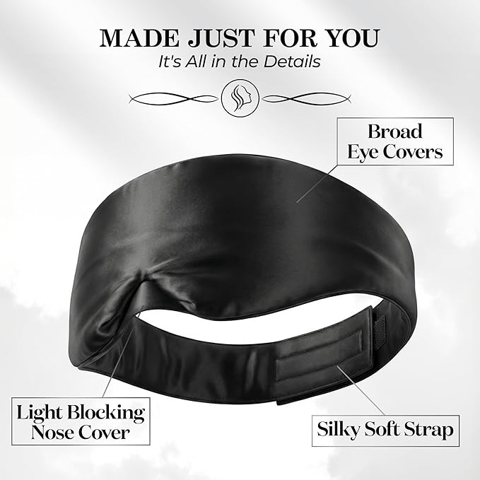SLEEP SANCTUARY 100% Pure Mulberry Silk Sleep Mask - 22 Momme Light Blocking Hook & Loop Silk Eye Mask for Sleeping - Secure Fit for Side Sleepers, Women & Men - Cloud Soft (Black)