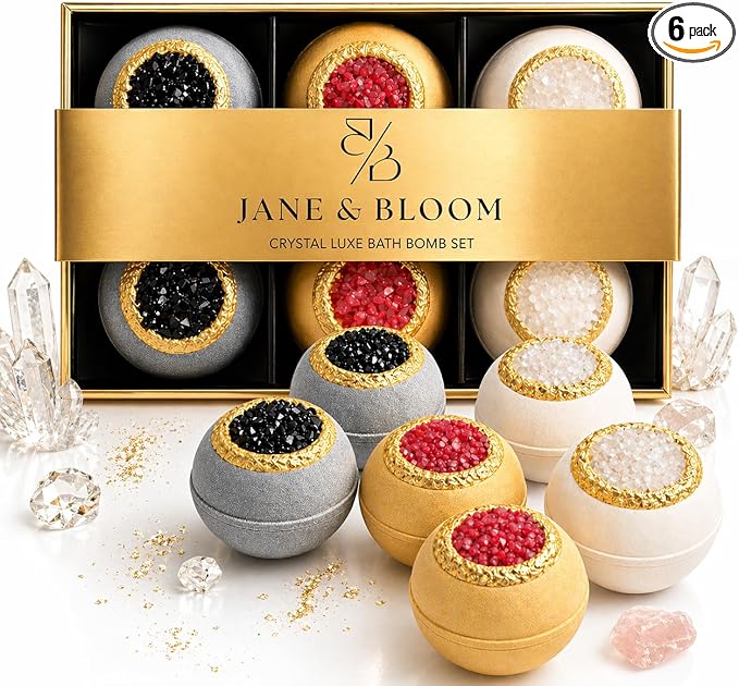Crystal Luxe Bath Bomb Gift Set for Women, 6 Large Moisturizing Bath Bombs with Natural Oils, Luxury Home Spa Fizzies for Relaxation, Self Care, Birthday & Mothers Day Gifts