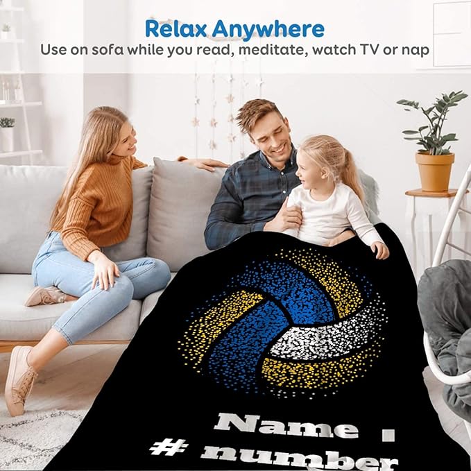 Custom Volleyball Blanket, Personalized Sport Throw with Name Text for Boy, Girl, Men, Women, Volleyball Gift for Player, Athlete, Coach, Team, Soft Customized Throw Blanket 120"x90"for Family