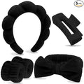 VELSCRUN Spa Headbands for Wash Face, Makeup Headband, Facial Skincare Headbands, 5 Pcs Black Puffy Sponge Spa Headband Bow Tie Hair Band Hair Clips Wristband Set Women Girls Accessories