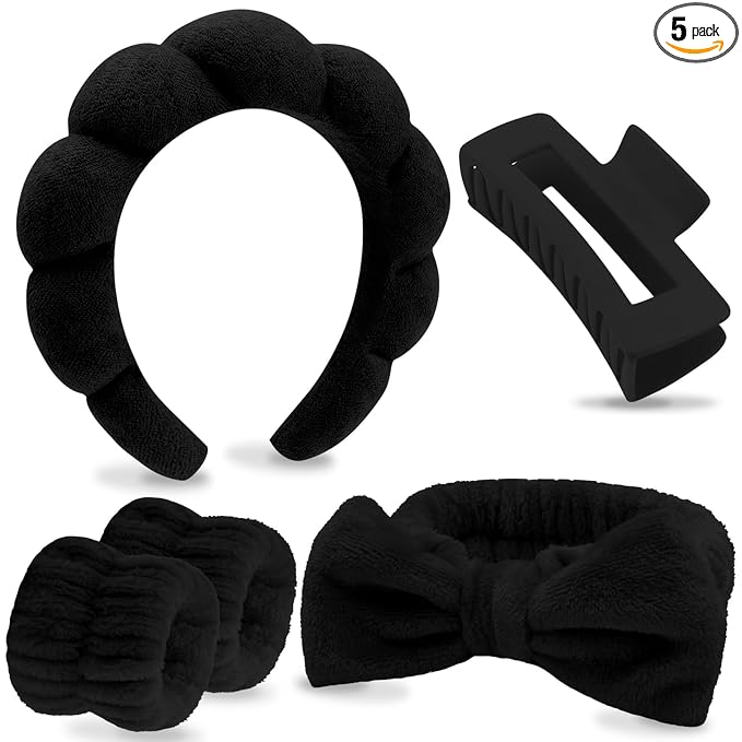 VELSCRUN Spa Headbands for Wash Face, Makeup Headband, Facial Skincare Headbands, 5 Pcs Black Puffy Sponge Spa Headband Bow Tie Hair Band Hair Clips Wristband Set Women Girls Accessories