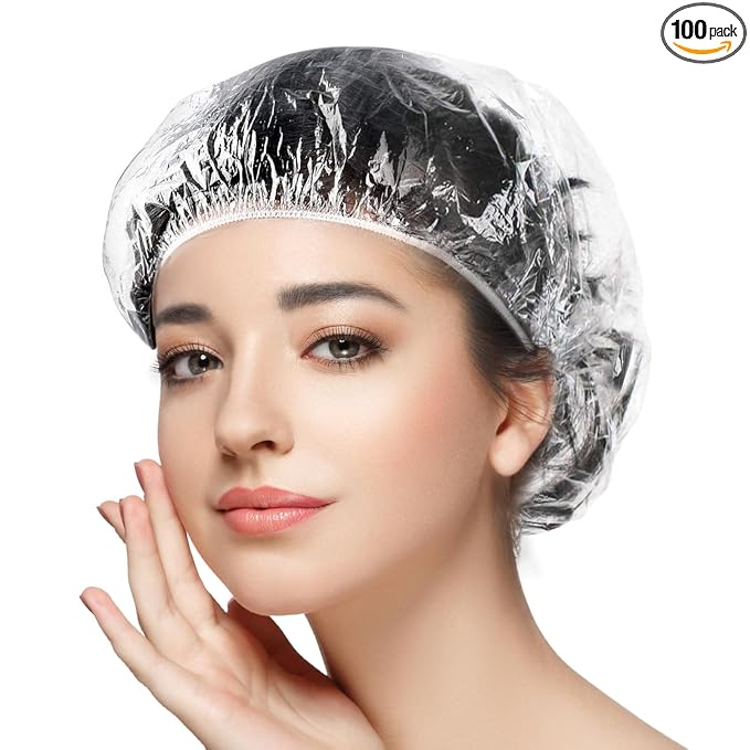 MORGLES 100 Pcs Disposable Shower Caps for Women, 18.1" Waterproof Plastic Shower Caps for Bathing, Hair Treatment, Conditioning in Home Hotel Travel