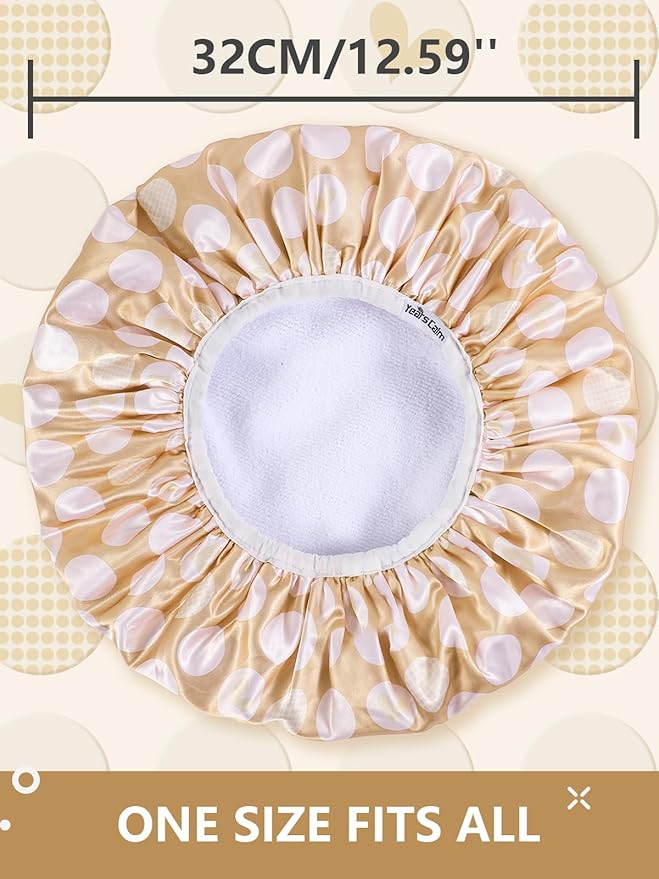 Years calm Terry Lined Shower Cap, Triple Layer Heart Motifs,Waterproof Reusable Elastic,Hair Shower Cap for Women,Terry Cloth Shower Caps for Spa,Clean,Trave (Beige, One Size)