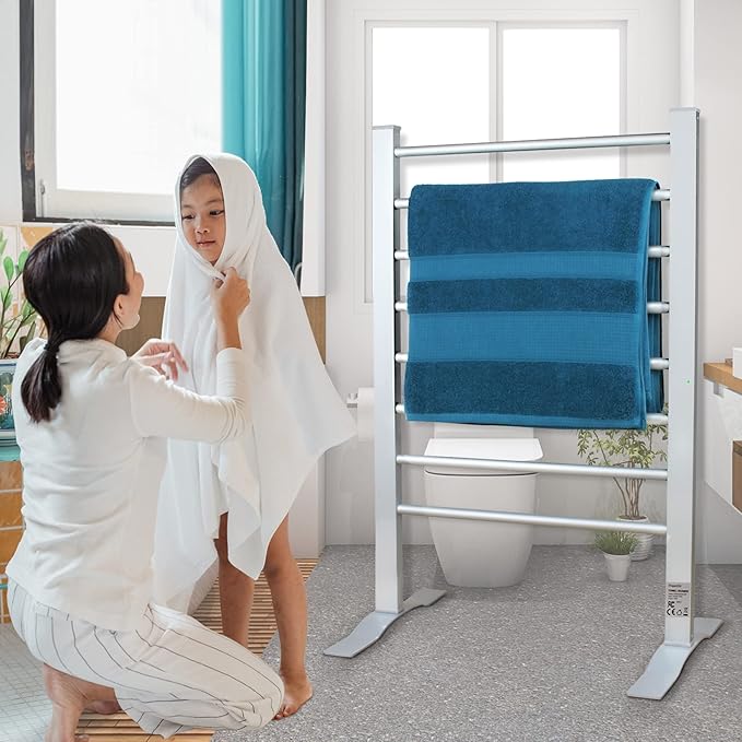 ELEGANTLIFE Electric Towel Warmer for Bathroom, Heated Towel Rack with Timer & Auto Shut-Off, Freestanding or Wall-Mounted Aluminum 8-Bar Design for Towels and Bath Sheets