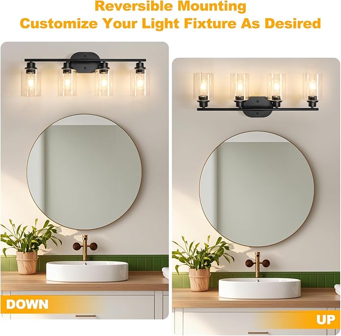Unicozin Bathroom Light Fixtures, 4 Light Vanity Lights for Bathroom, Black Wall Lamp with Clear Glass for Mirror, Living Room, Hallway, Cabinet, E26 Base