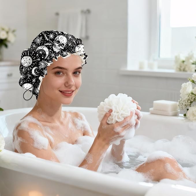 Shower Cap Reusable Double Layer Adjustable Elastic Waterproof EVA Hair Bath Caps for Women Girls Cute Aesthetic-Skull