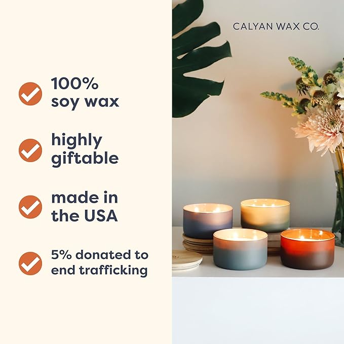 Calyan Wax Co. Charcoal & Sandalwood 3 Wick Scented Candle - 30 Hour Burn - Luxury 3 Wick Soy Candles - Non Toxic Soy Wax Candles - Long Lasting Large Glass Jar Candle for Home - 8oz