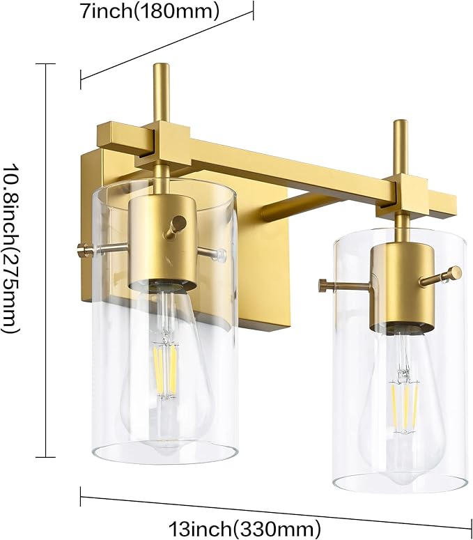 SOLFART Gold Bathroom Light Fixtures 2 Light Wall Light Fixtures Bathroom Vanity Light Over Mirror Vintage Light