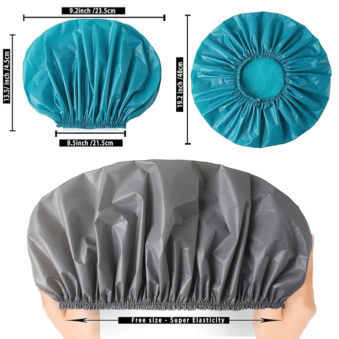 Jumbo Size Shower Cap 2 PCS Waterproof Shower Caps for Women, Extra Large Shower Cap, Reusable Super Large Bath Caps Hair Cap for Long Thick Curly Hair, Locs, Twist Braids - Grey+Blue-Green