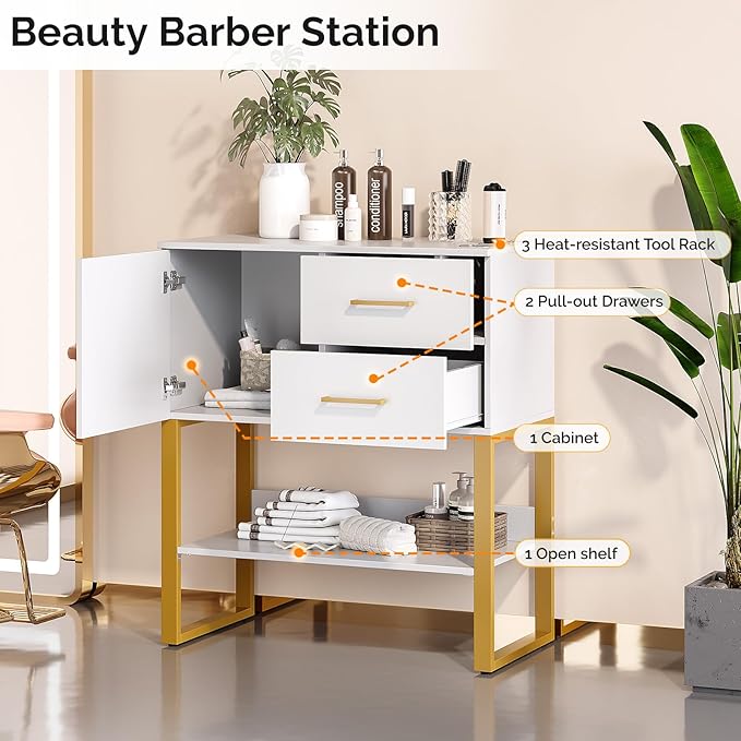 OmySalon Professional Barber Station, Salon Stations for Hair Stylist, Storage Cabinet with 3 Hair Dryer Holders, 2 Drawers, Hairdressing Organizer Table for Beauty Spa Barbershop Home, White Gold