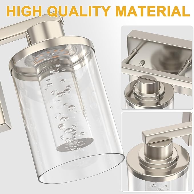 L LOHAS LED 3-Light Brushed Nickel Bathroom Light Fixtures, Crystal LED Bathroom Vanity Lights with Clear Glass Shade, 5CCT Dimmable Vanity Lights for Living Room Hallway with Remote Control