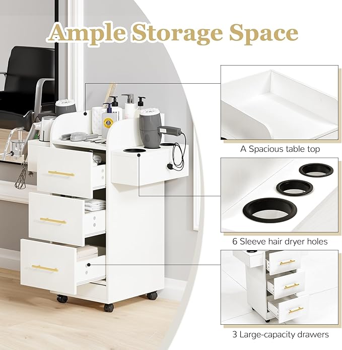 4ever2buy Rolling Salon Station for Hair Stylist, Salon Trolley Cart with with Wheels, Hair Stylist Beauty Barber Station, 6 Hair Dryer Holders & 3 Drawers, White and Gold