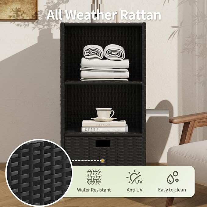 Outdoor Pool Towel Rack Cabinet, Rattan Wicker Pool Storage Bins Storage Organizer, 2 Layer Shelf Hot Tub Spa Accessories, 47in, Black