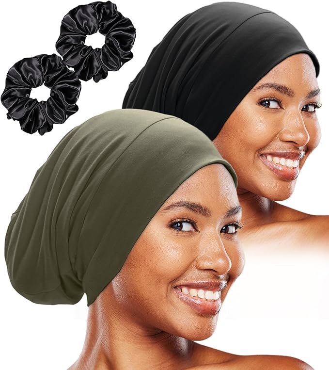 Sleep Cap Bonnet for Sleeping Black Women, Adjustable Cooling Ice Silk Lined Bonnet for Curly Braids Hair Cover Beanie Hat