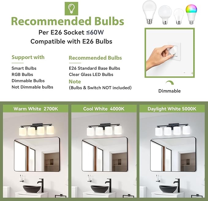 Honesorn 4-Light Vanity Lights, Matte Black with Frosted Shade & Nickel Finish, Modern Bathroom Over Mirror Lighting