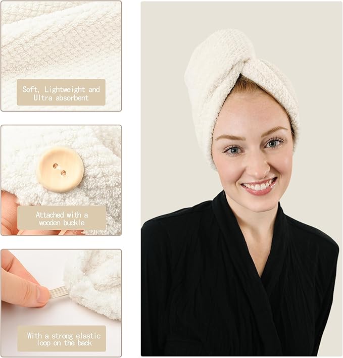 ROLSHOL Extra Large 4 Pack Microfiber Hair Towel Wrap for Women Super Absorbent & Quick Dry Hair Drying Towels with Button, Hair Turbans for Curly Hair Long & Short Hair - Anti-Frizz