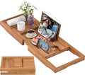 Teak Bathtub Caddy Tray for Tub, Foldable Luxury Bath Table Tray with Book and Wine Glass Holder, Expandable Bathroom Accessories for Spa or Reading