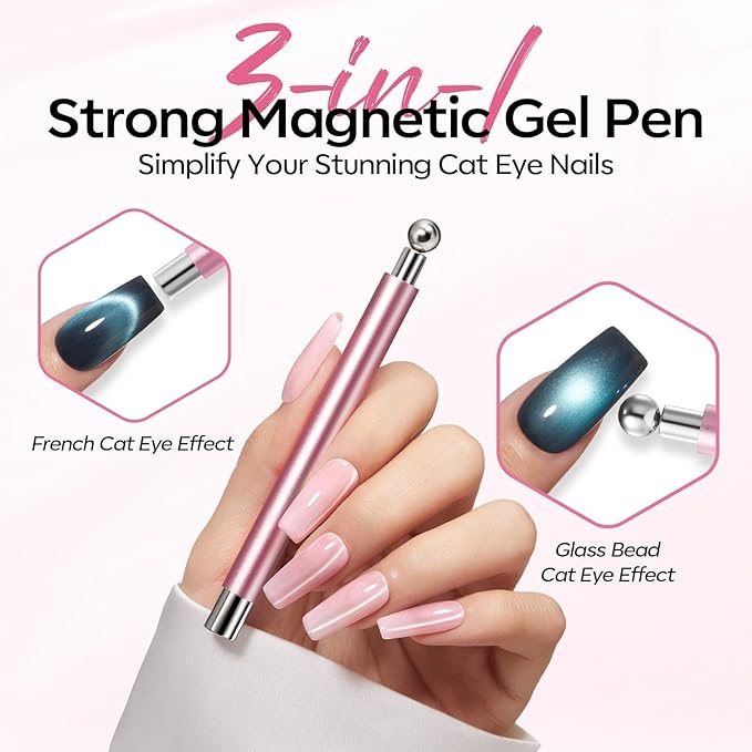 modelones Cat Eye Gel Polish Nail Magnet, 3-in-1 Cat Eye Magnet Pen & Heart-Shaped for Nail Art Tool Cylindrical & Ball &Lightning Circle Cat Eye Magnet for Cateye Gel Polish DIY Salon