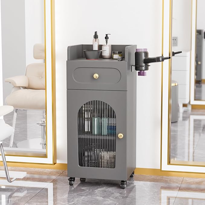 OmySalon Salon Cart with Wheels, 3-Tier Rolling Beauty Cart with Glass Door & Dryer Holder, Mobile Hair Styling Station for Barber, Spa, Esthetician, Nail & Tattoo Artists, Lockable Storage, Grey