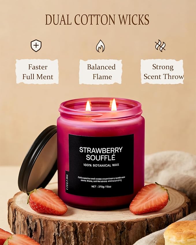Strawberry Soufflé Home Scented Candles, 13oz Organic Soy Wax, 76-Hour Clean Burning, Natural Non-Toxic, Sweet & Fruity Gourmand Scent for Relaxation, Aromatherapy Housewarming Candle Men Women