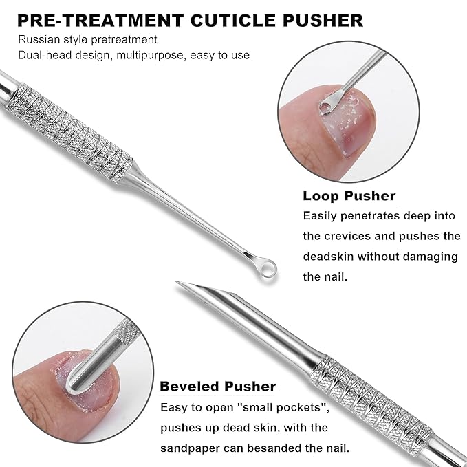 Pre-treatment Cuticle Pusher, Russian Prep Nail Pushers, Dual Ended Cuticle Remover with 100/180 Grit Sandpaper Sheets, Nail Care for Manicure Pedicure Nail Art